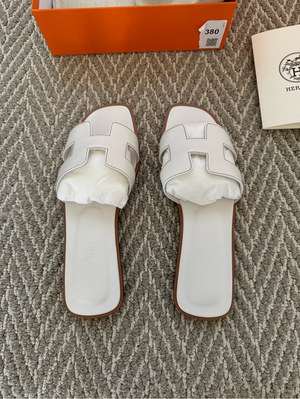 Hermes White Oran Slide Sandals